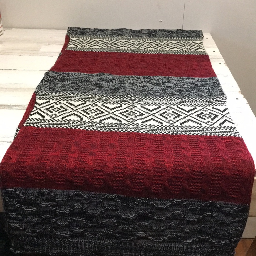 This & That burgundy black gray white 16”x80” geometric print wrap scarf